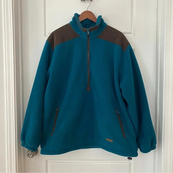 Vintage Men's L.L. Bean Teal Lined Heavy Weight Half Zip Pullover Fleece Jacket - Picture 2 of 9